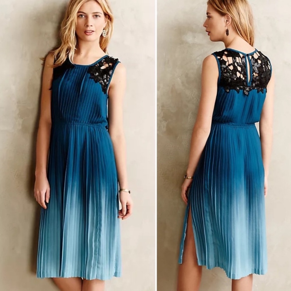 Anthropologie Blue and Black Pleated Dress